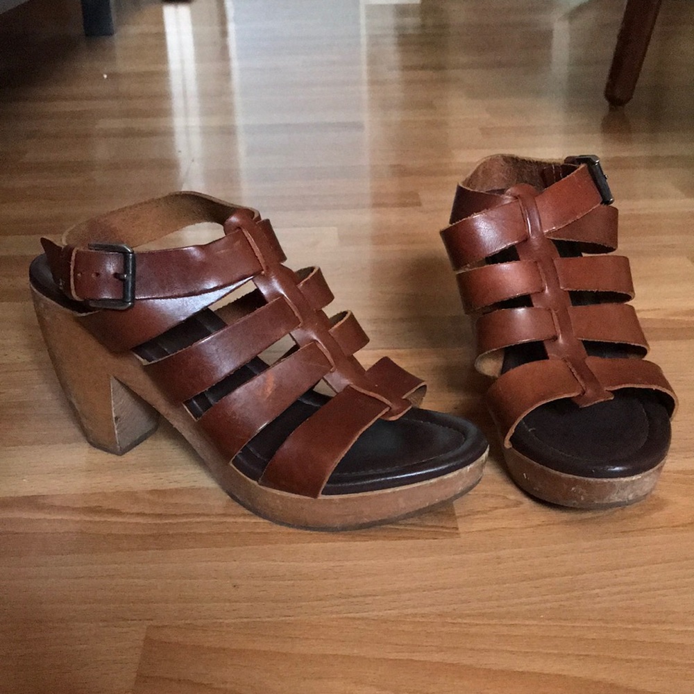 Madewell Brown Leather Clog Sandals - Wooden Heel & Resoled Made in Italy Size 7